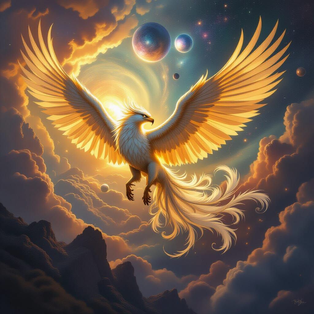 Gryphon Soaring Through Cosmic Expanse with Molten Gold Feat...