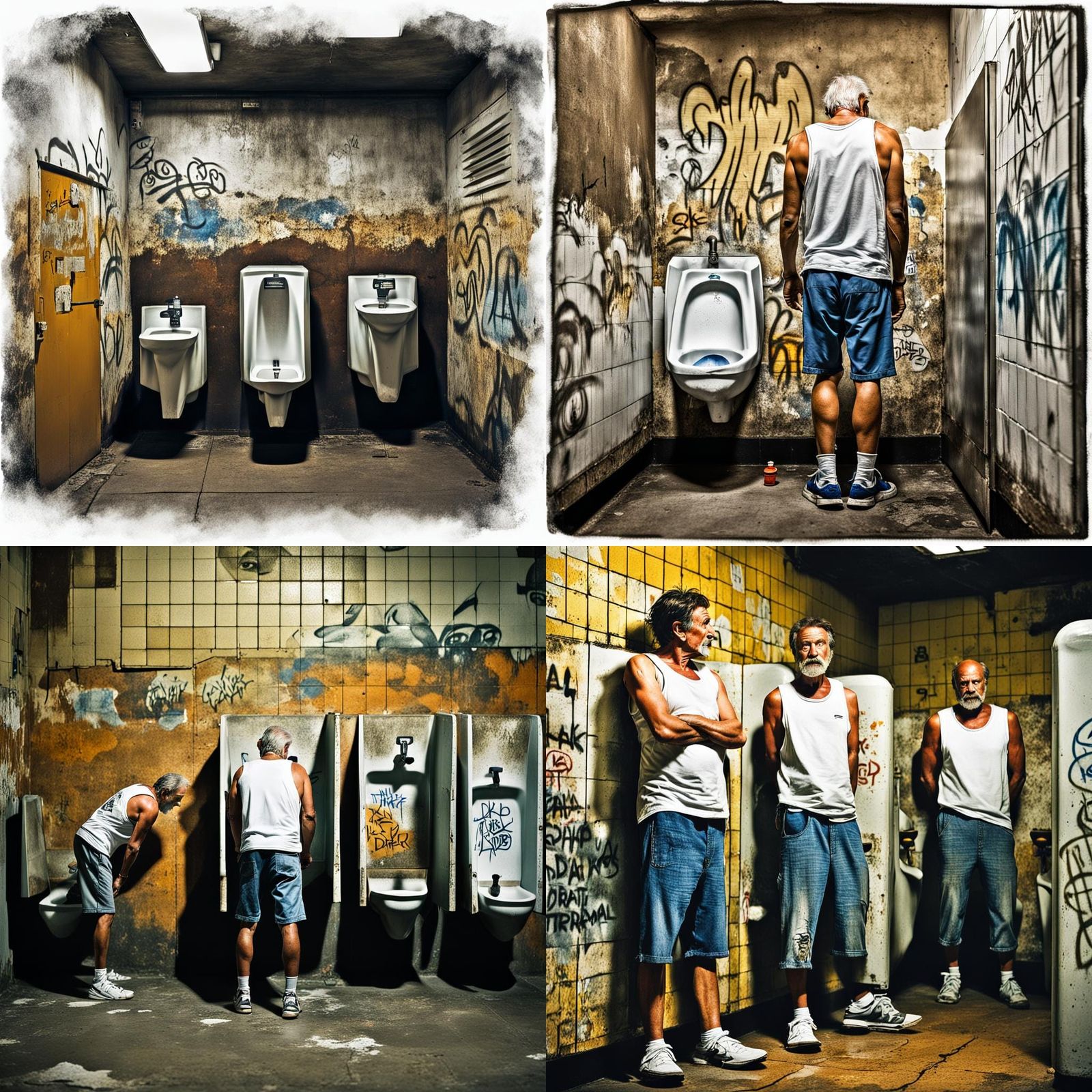 Gritty Public Restroom Scene with Figures