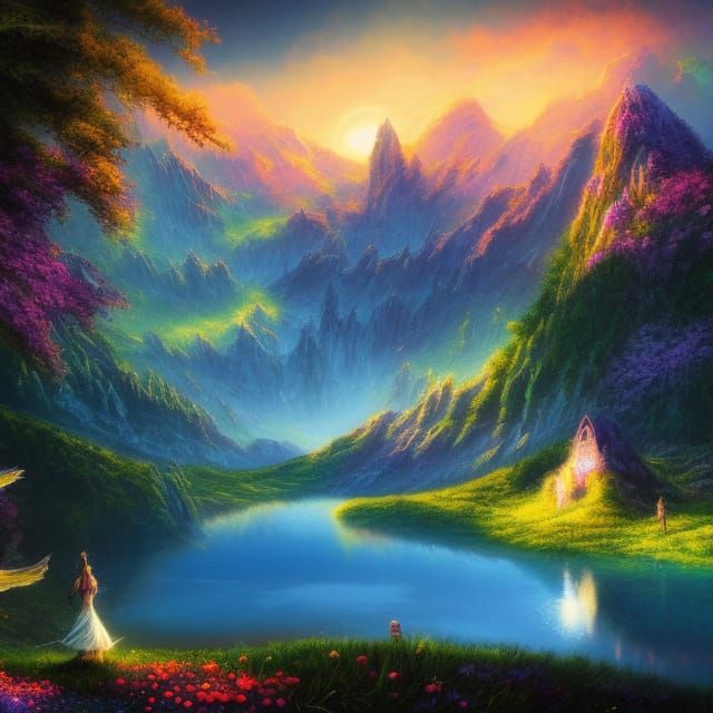 Crystal Lake and Moonlit Mountain Fantasy Art