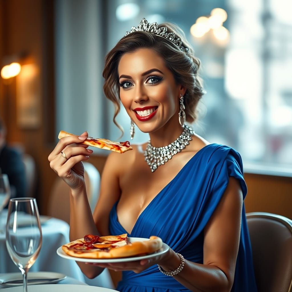 Woman in Blue Gown Eating Pizza, Professional Photography