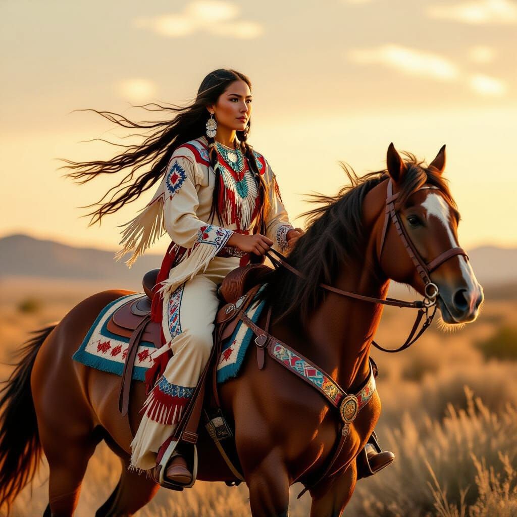 Pawnee Woman on Appaloosa in Golden Light