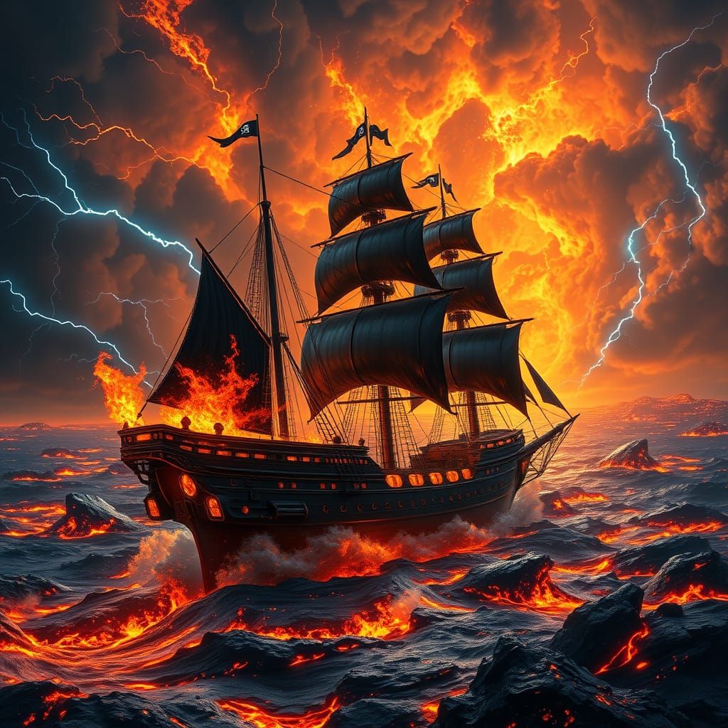Obsidian Pirate Ship Sails Unburned on Lava Sea with Flame R...