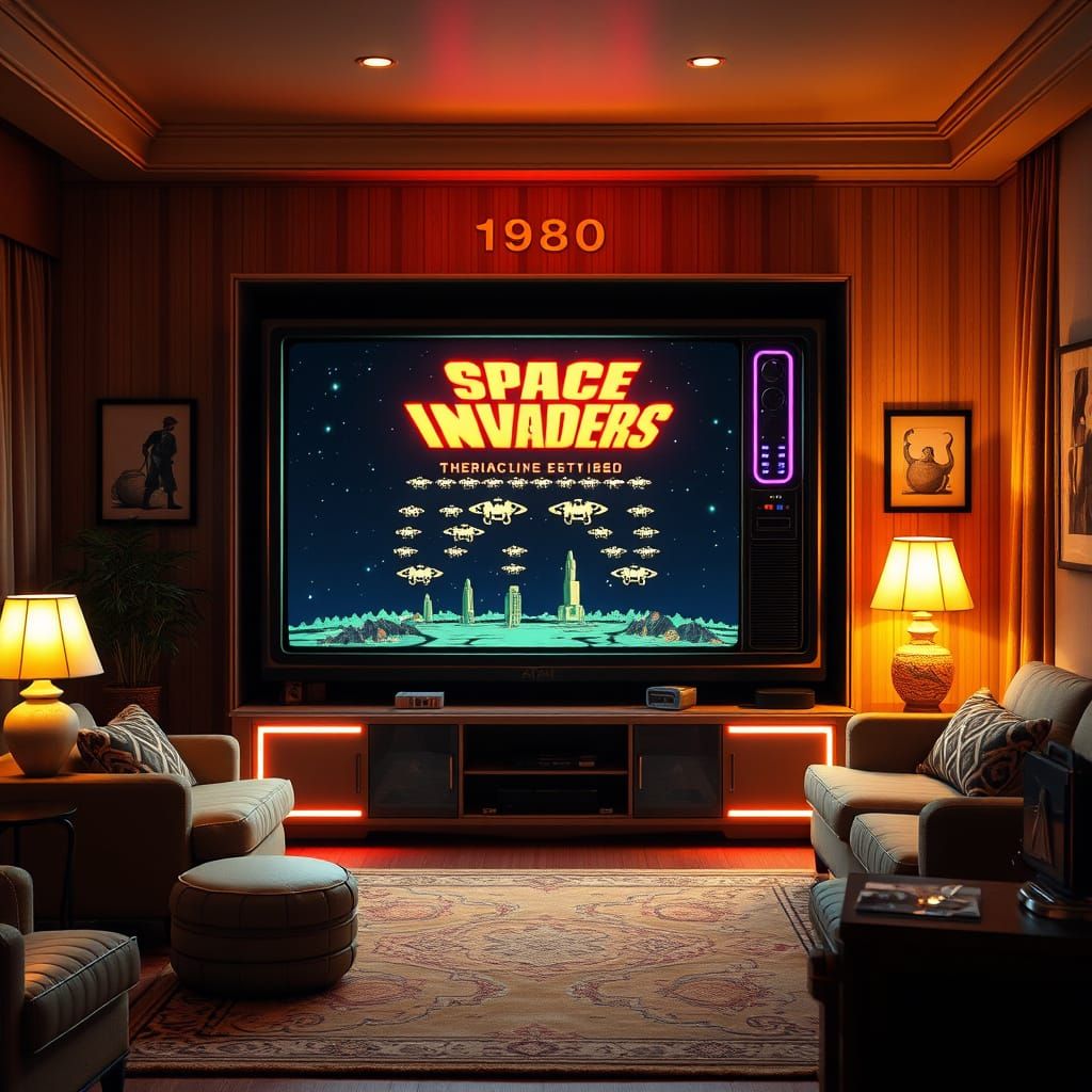 Retro-Futuristic Living Room with Gigantic Television Consol...