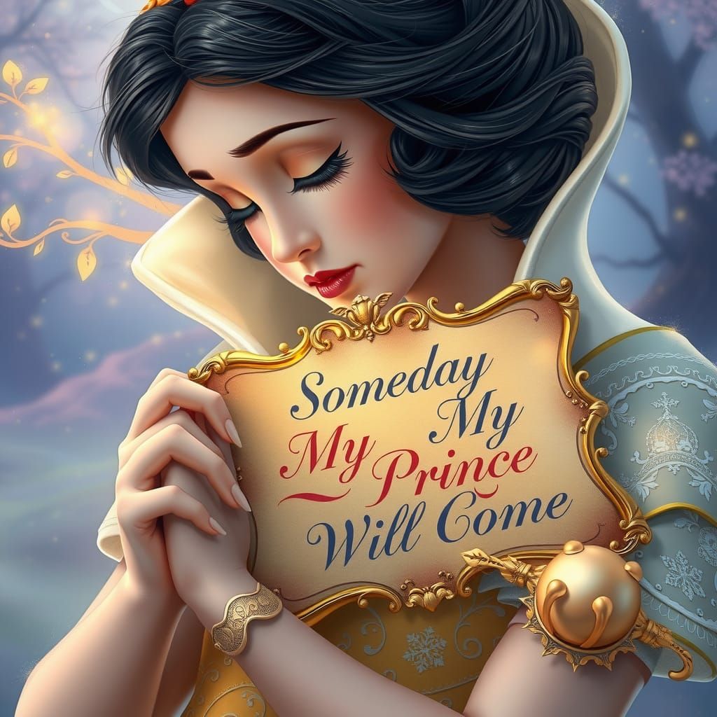 Snow White with Sign in Dreamy Fantasy Landscape