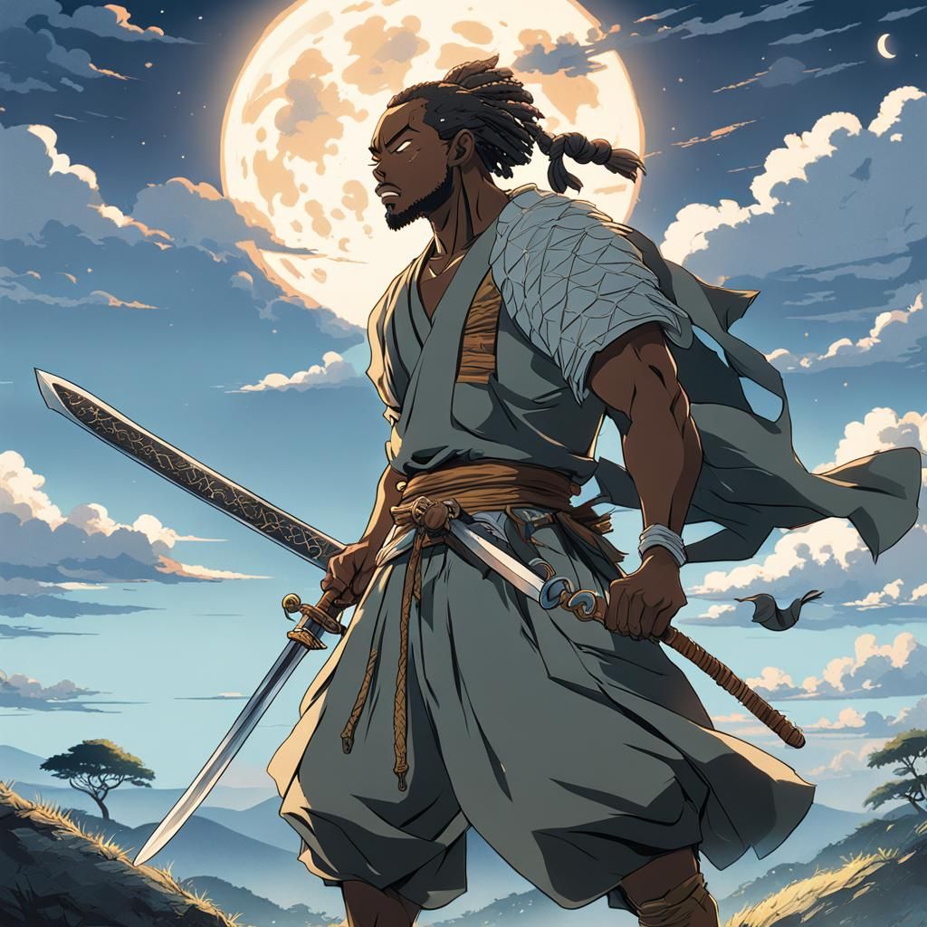 African Warrior Prepares for Battle Under Rising Moonlight