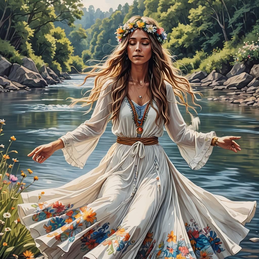 Mystical Hippie Woman with Flowers, Trippy Sketch