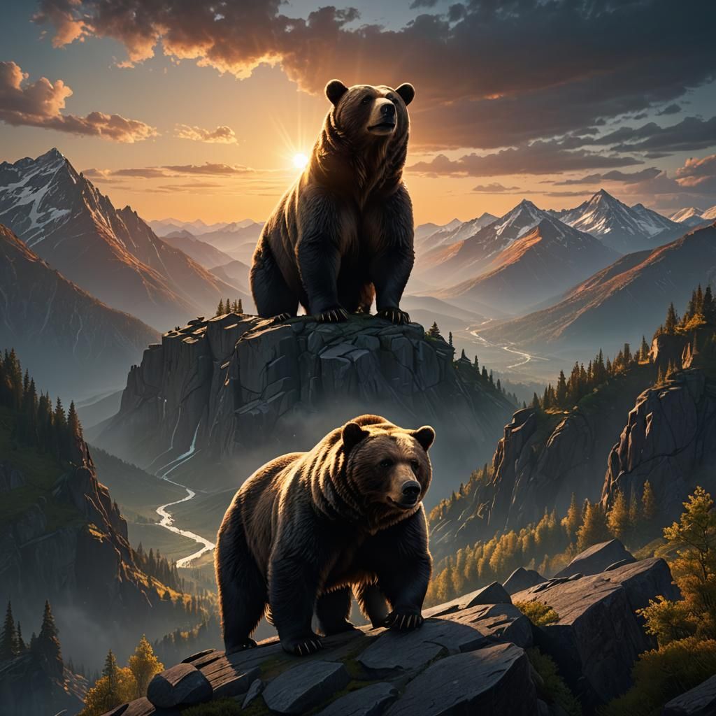 Bear on Mountain at Sunrise: Fantasy Concept Art