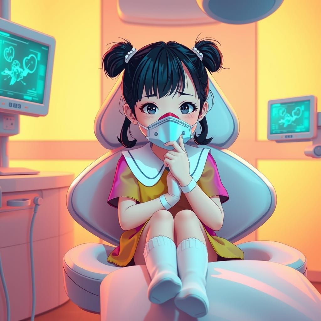 Young Girl in Futuristic Dentist's Chair with Holographic Di...