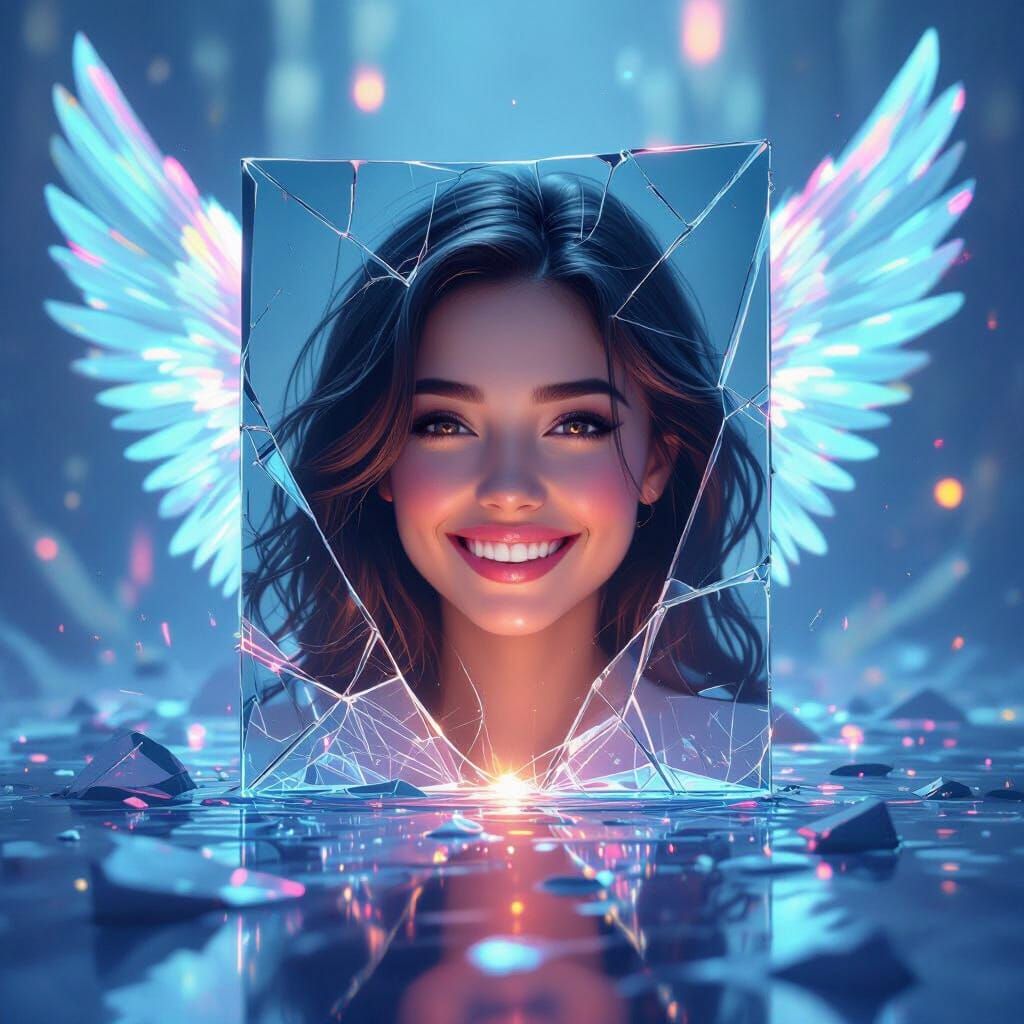 Shattered Mirror Reflection with Light Wings in Surreal Styl...