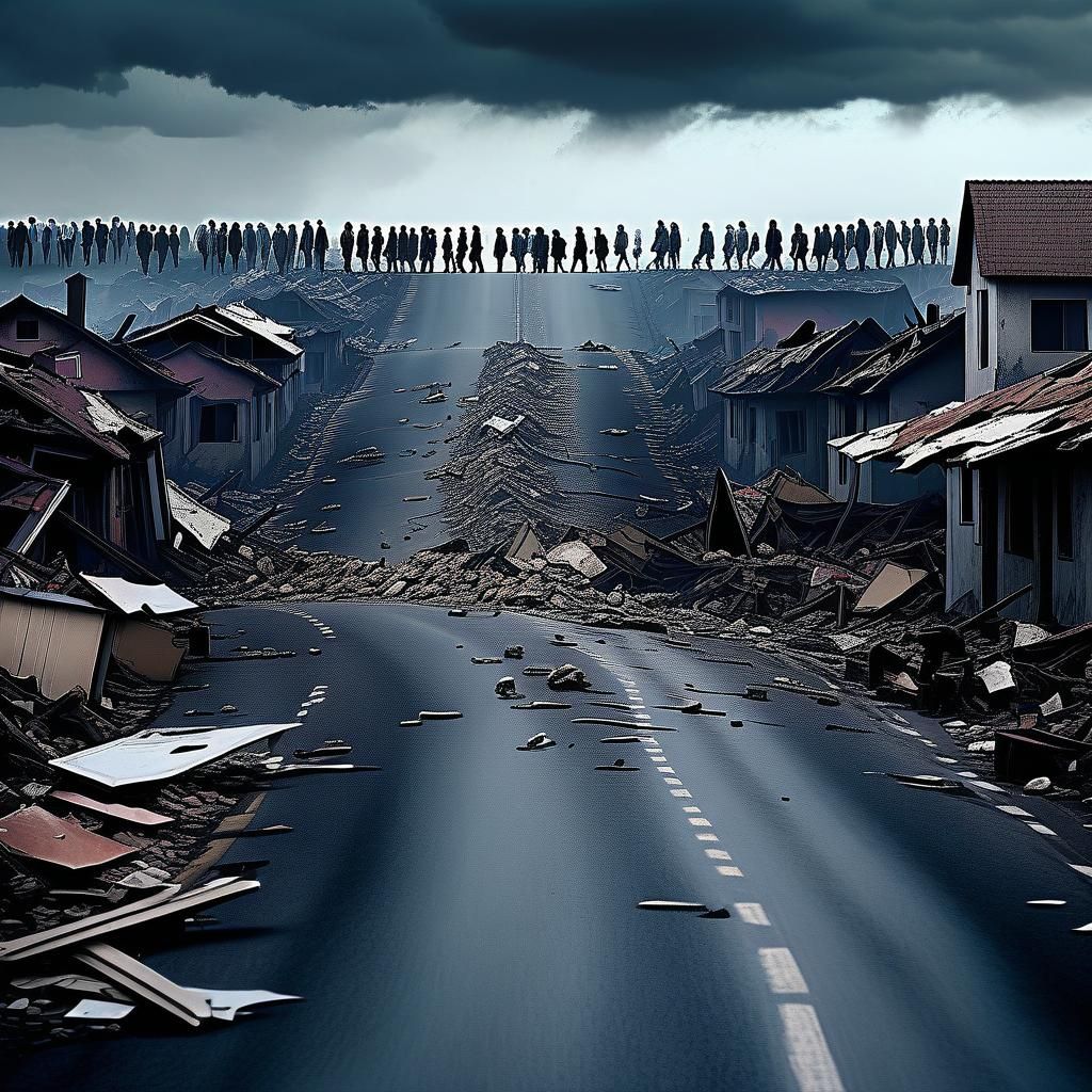 Bleak Journey: Crowds Walking to the Abyss