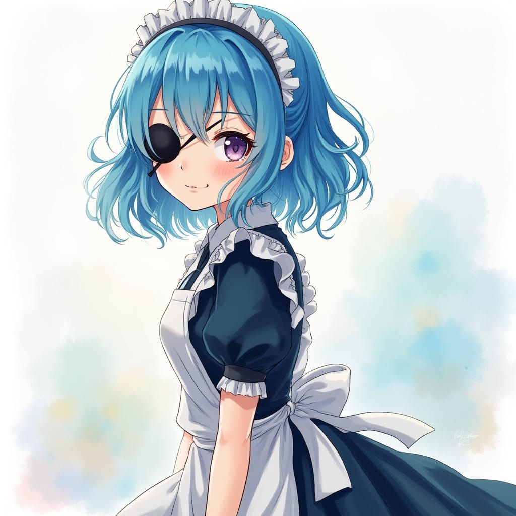 Vibrant Blue Maid Girl in Soft Pastel Hues