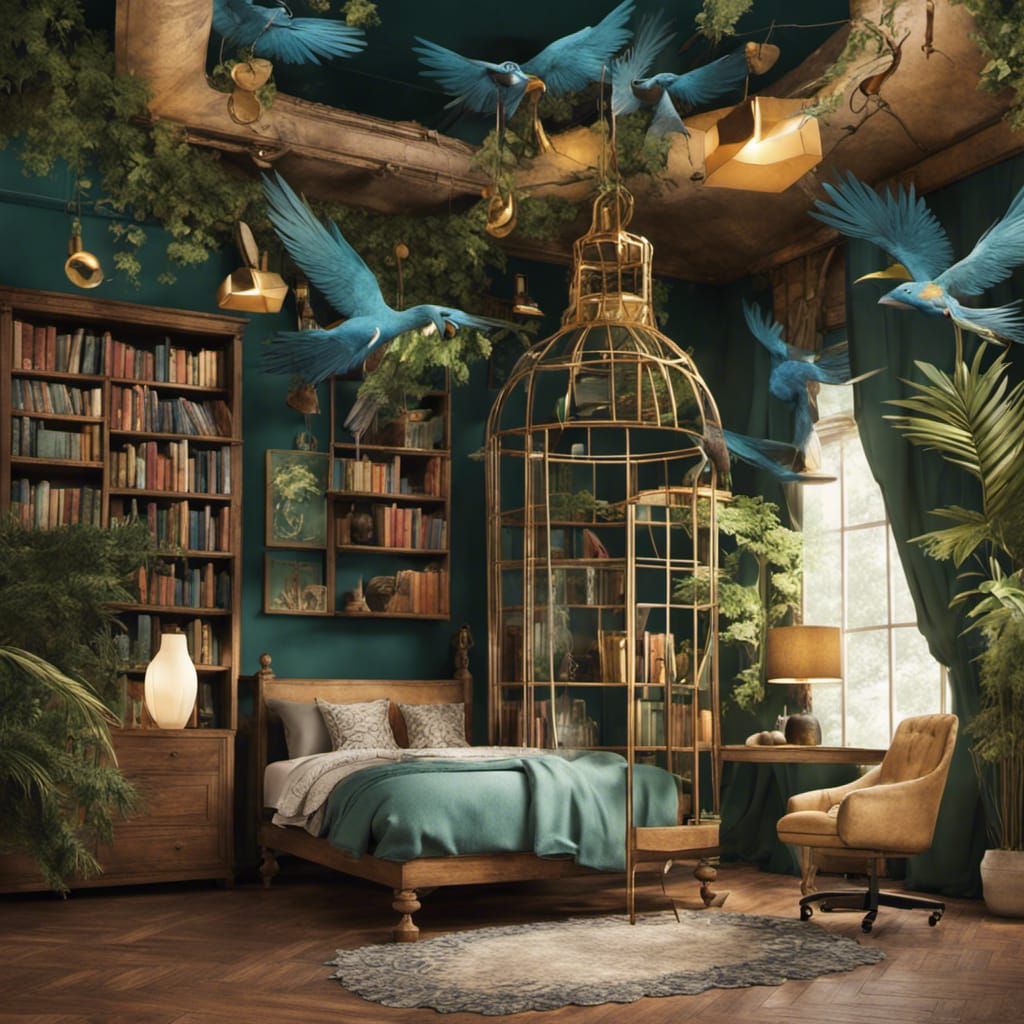 Depict a royal bedroom inspired by exotic birds, featuring vibrant feathers, golden cages, and lush foliage. Design an a...