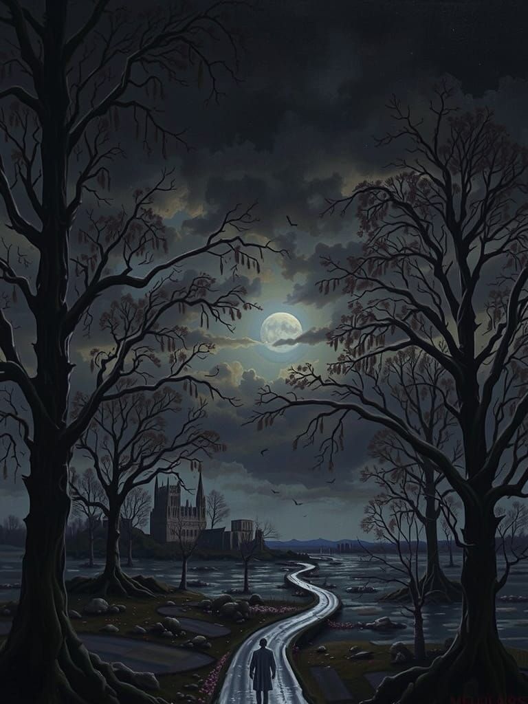 Surreal Dark Landscape with Twisted Trees