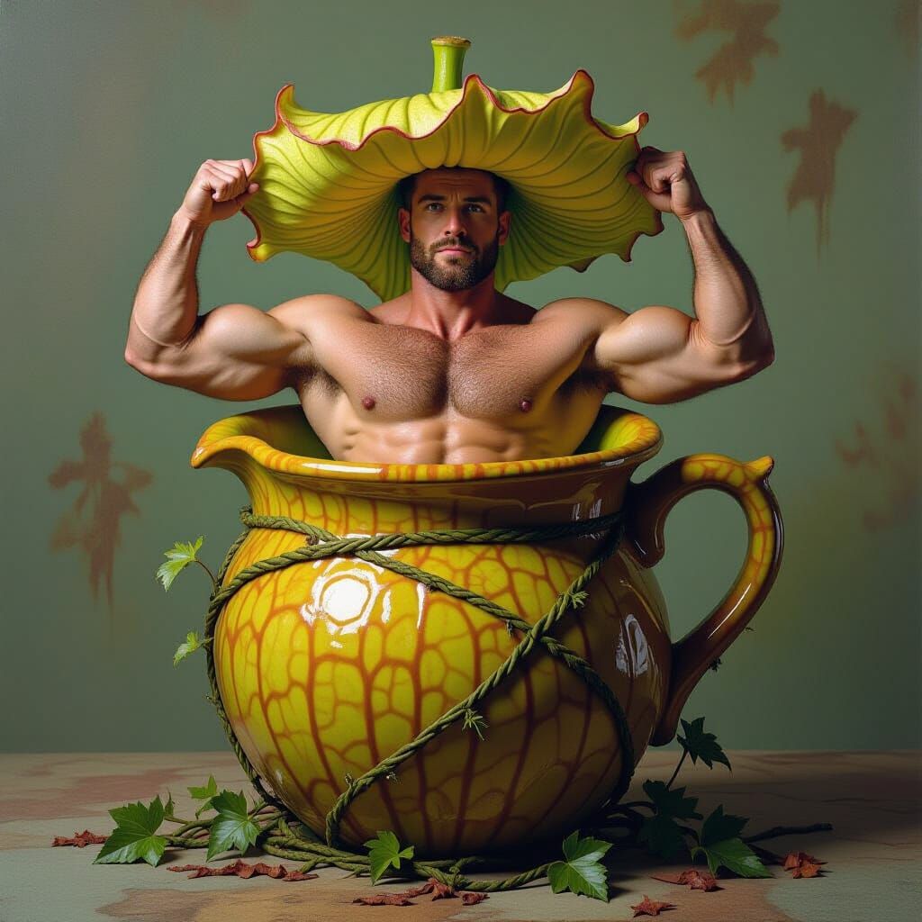 Muscular Officer Trapped in Giant Pitcher Plant, Surreal Art