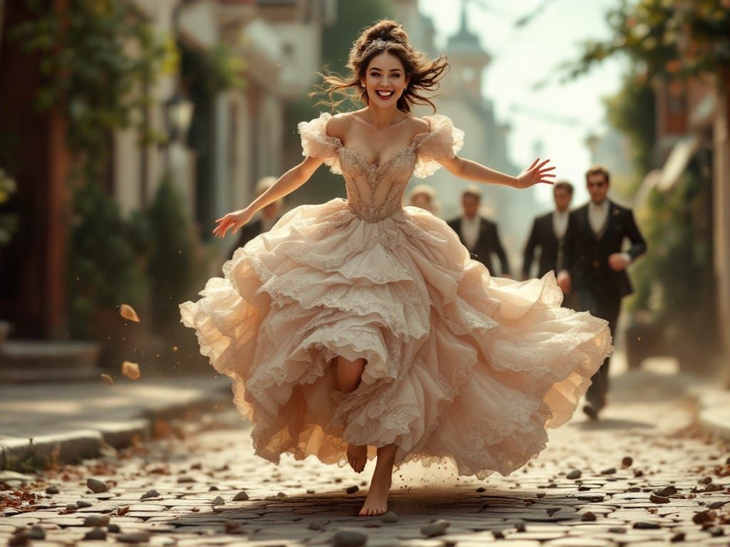 Whimsical Ball Gown Chase in Vibrant, Exaggerated Colors