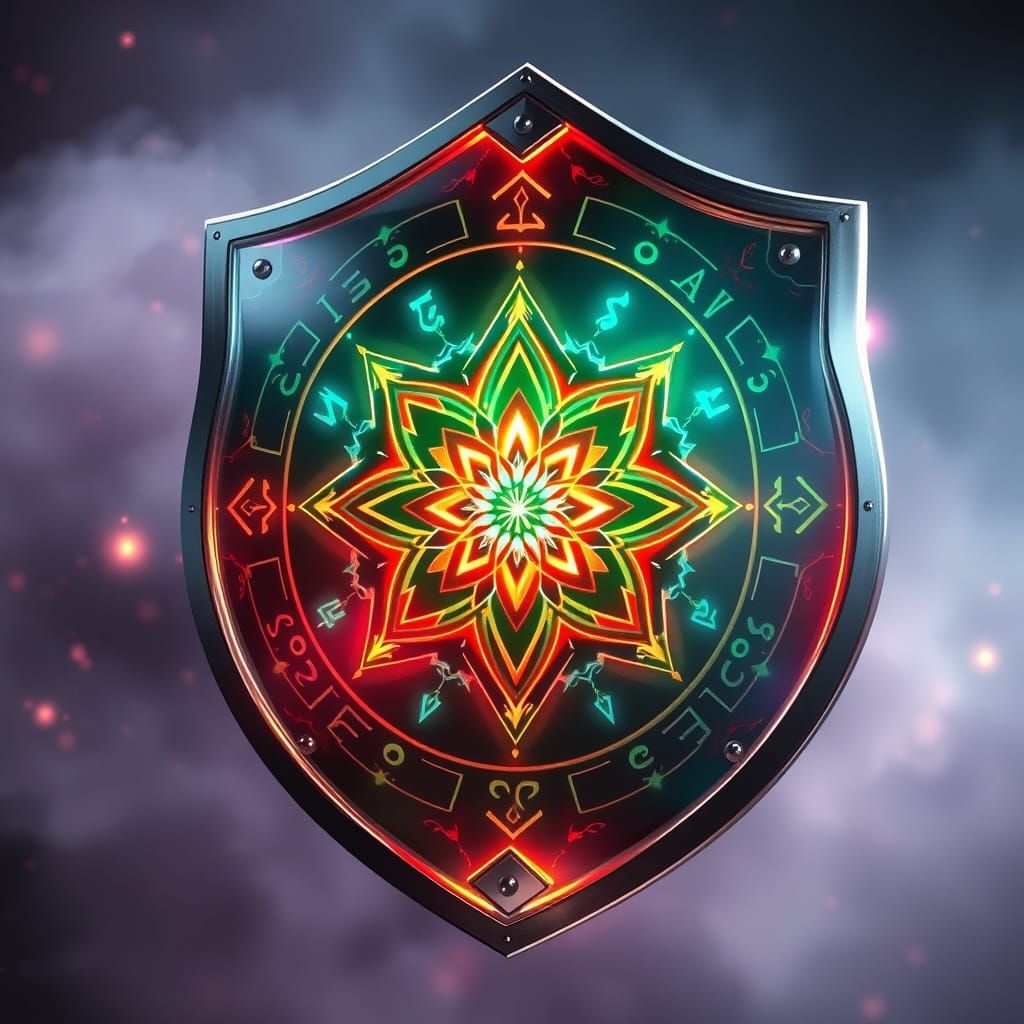 Fantasy Shield with Geometric Patterns and Ethereal Glow