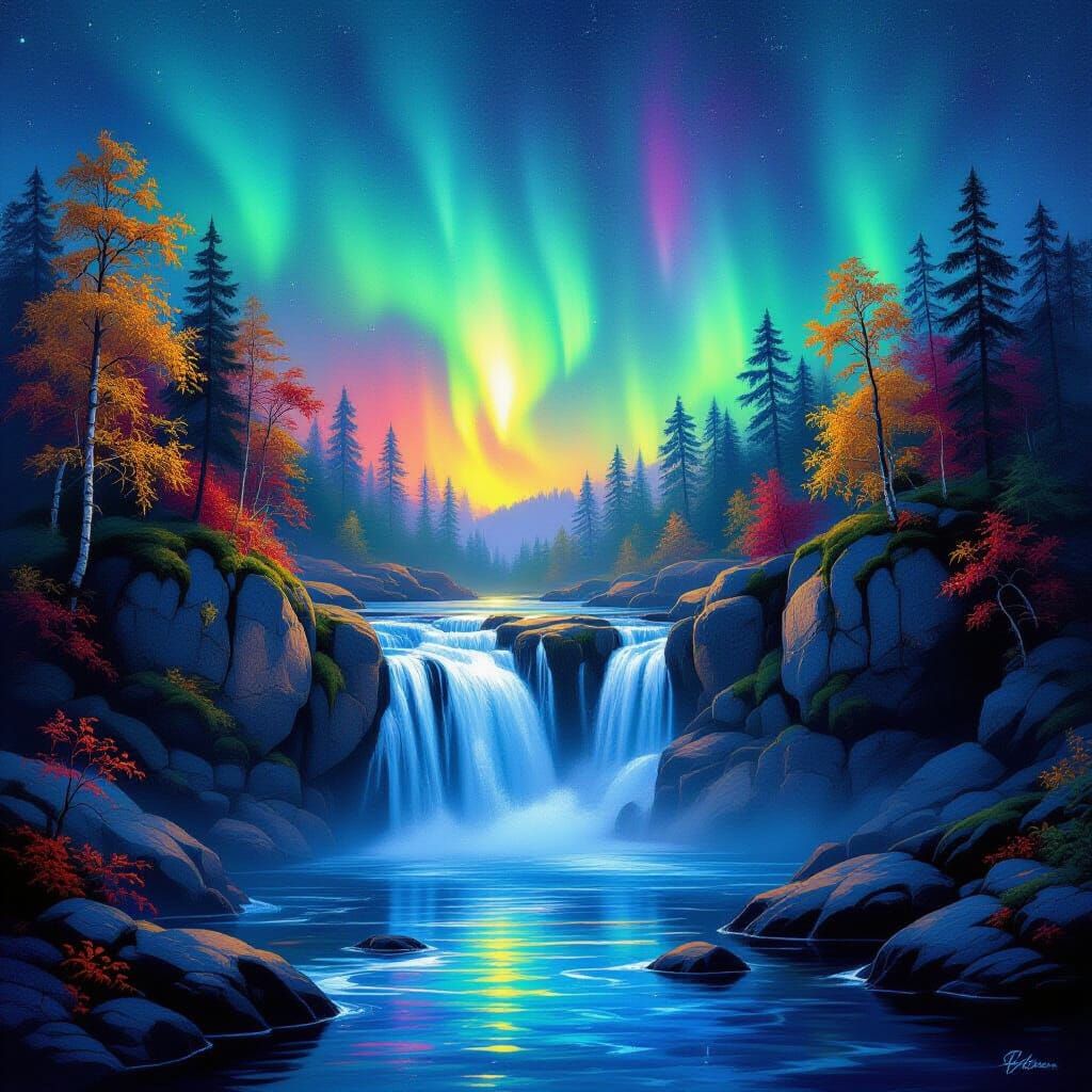 Ethereal Rainbow Waterfall Under Aurora Borealis