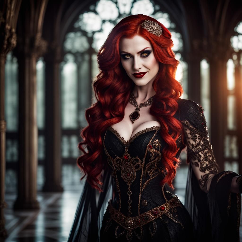 Lustrous Vampiress Queen with Red Hair and Eyes