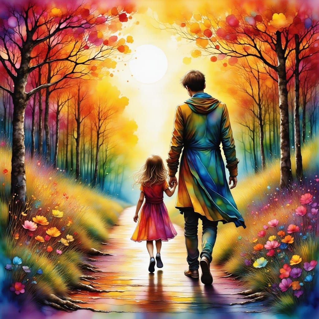 Father and Daughter Walking Together in Ink Style