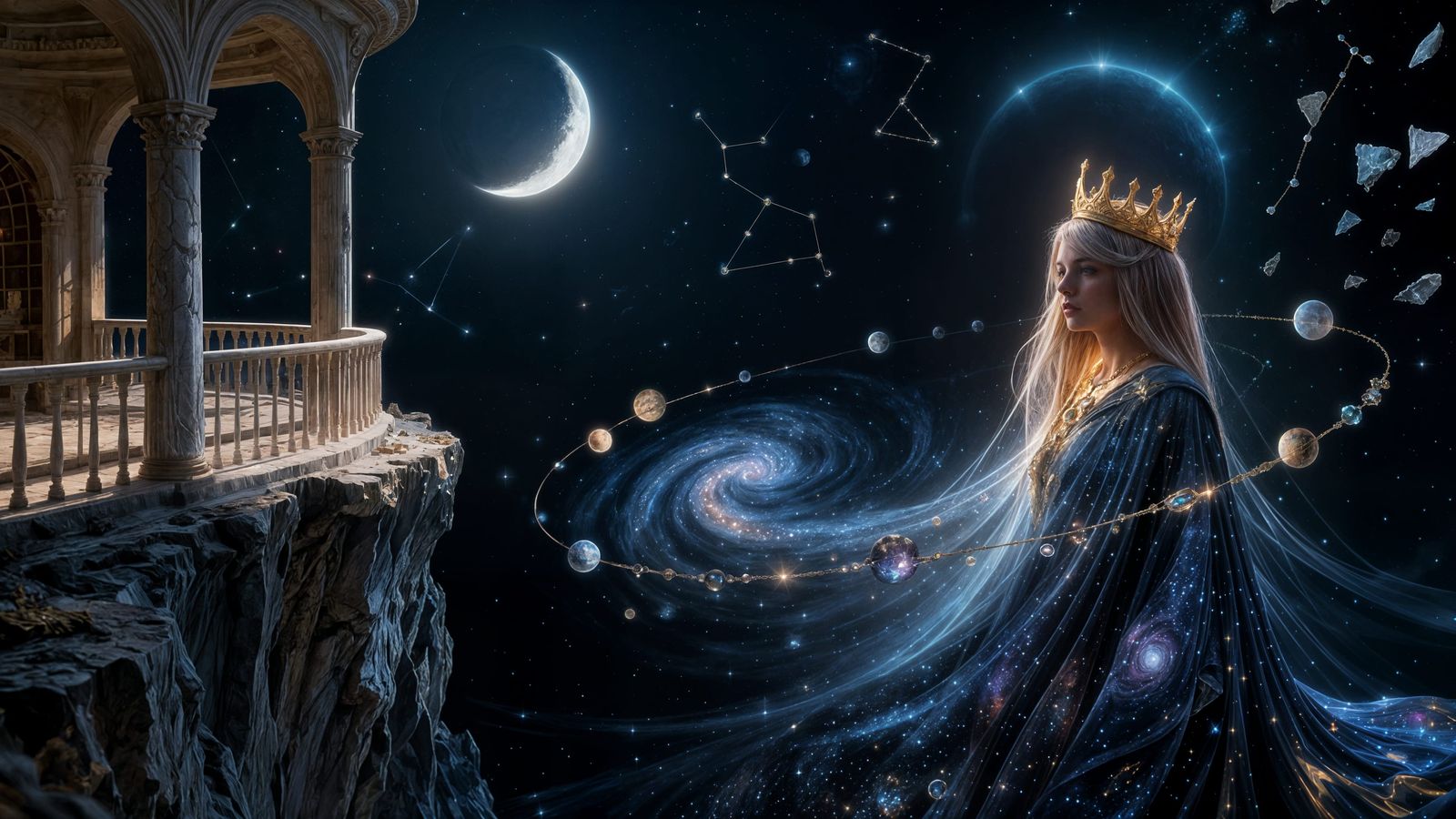 Star-Eaten Queen: Cosmic Majesty Adorned with Orbiting Jewel...