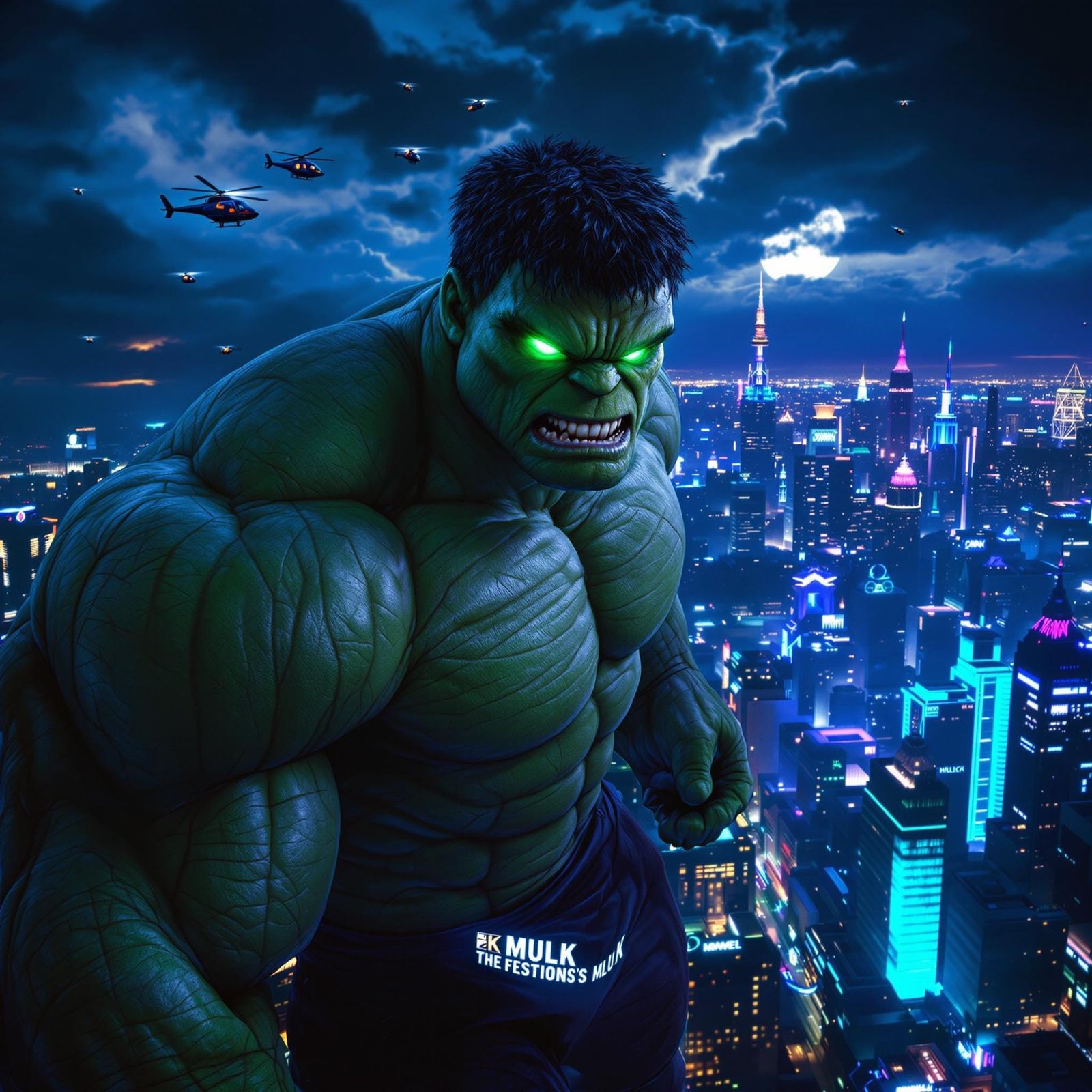 Hulk on Skyscraper: Neon Cityscape Power