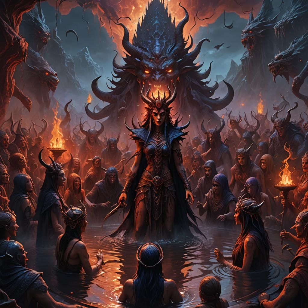 demonic crowd of worshippers