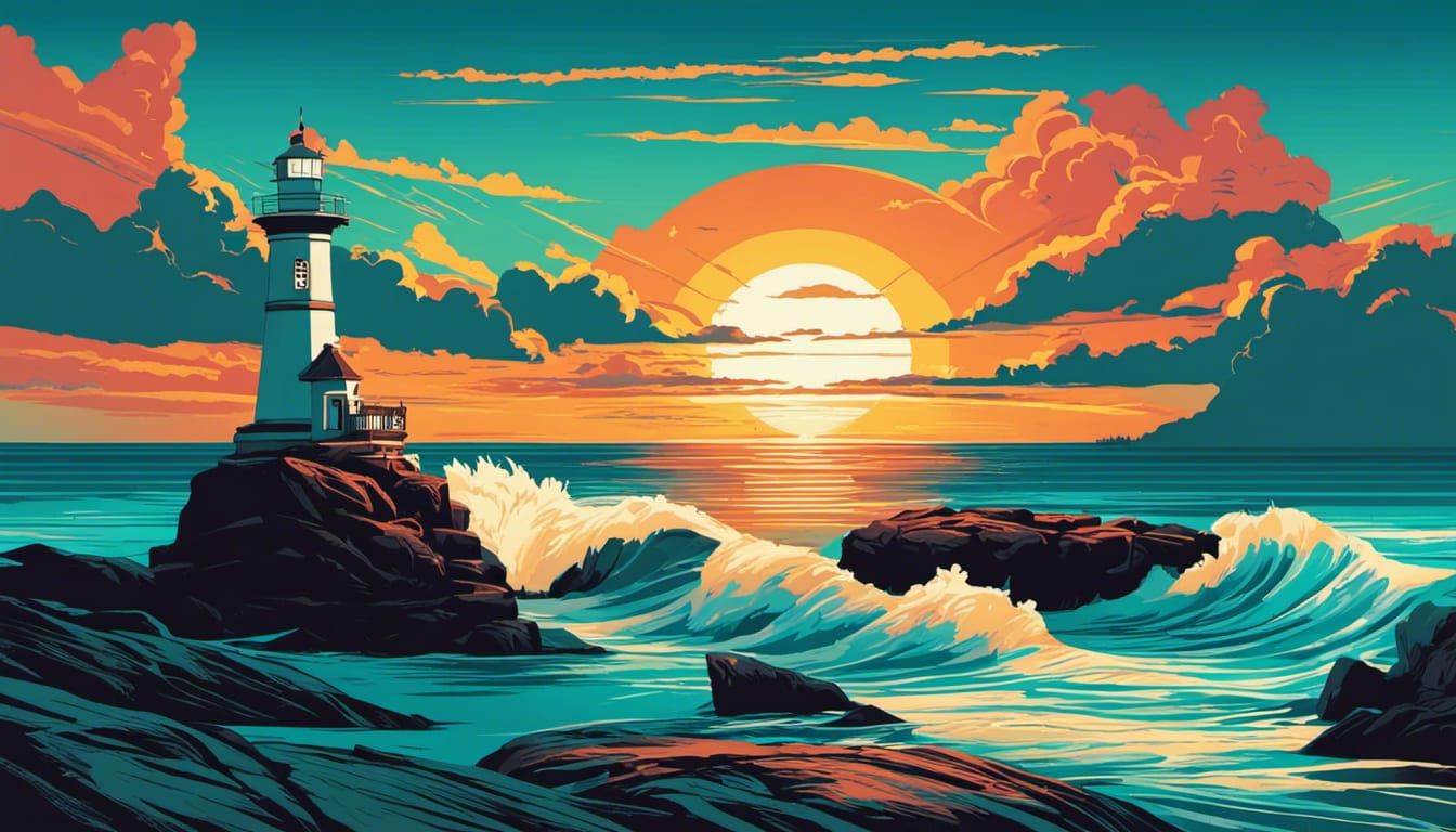 Synthwave Seascape with Lighthouse at Sunset