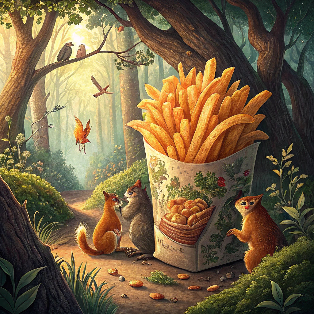 Giant Fries Emerge in Whimsical Forest Scene