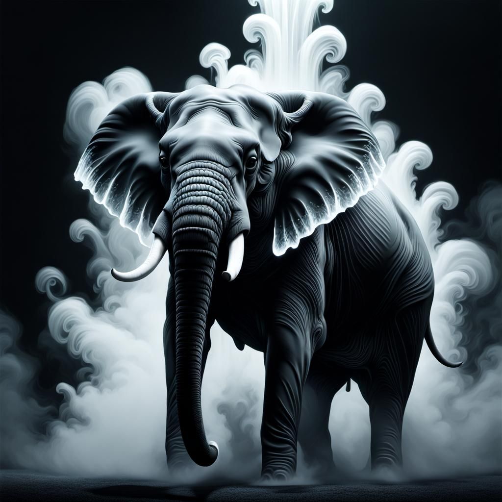 Olpntng style, ghostly Elephant, depth data, monochrome, ghostly, fractal, smoke, illumination, art nouveau, oil...
