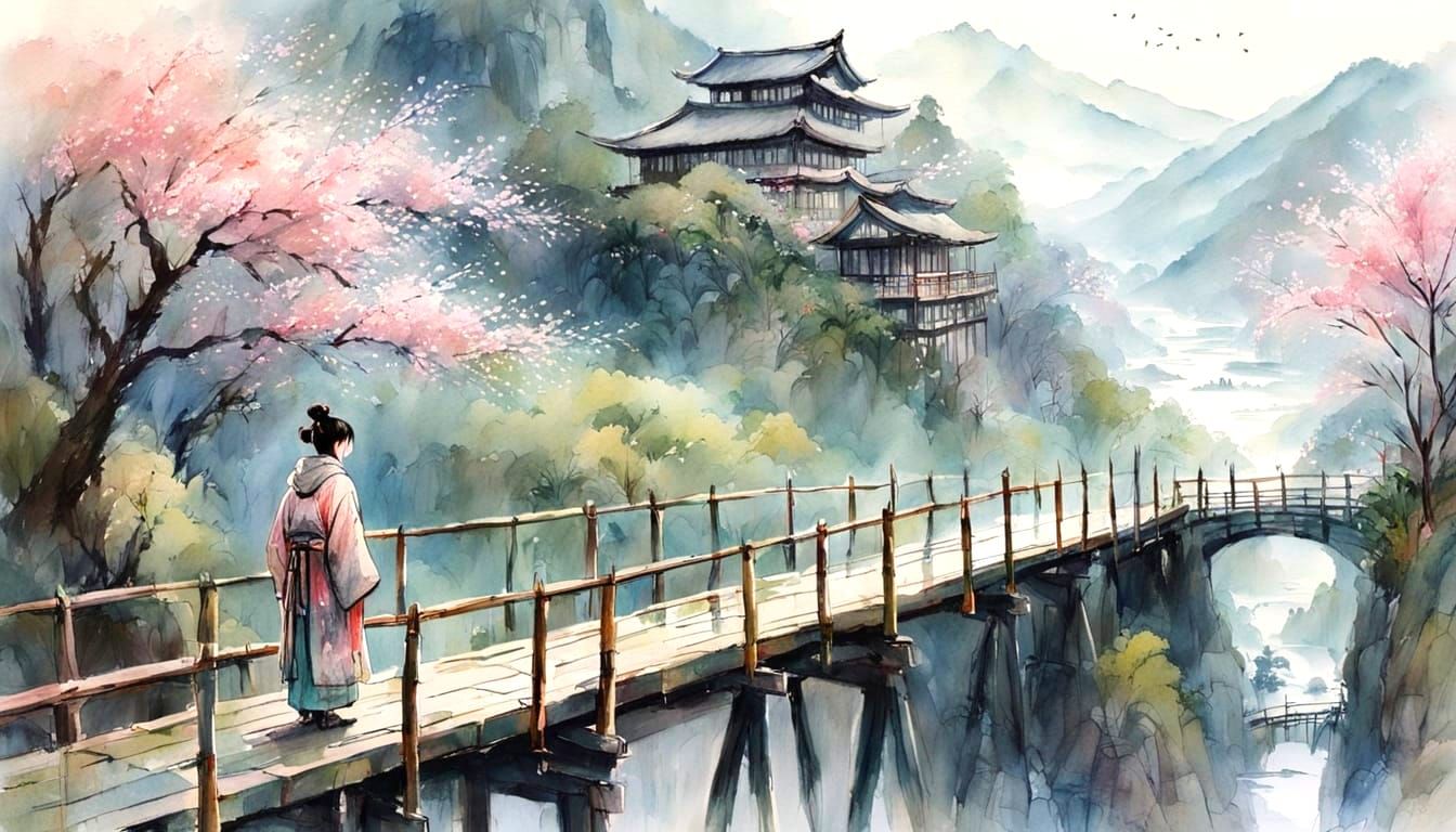 Misty Mountain Village with Cherry Blossoms in Watercolor