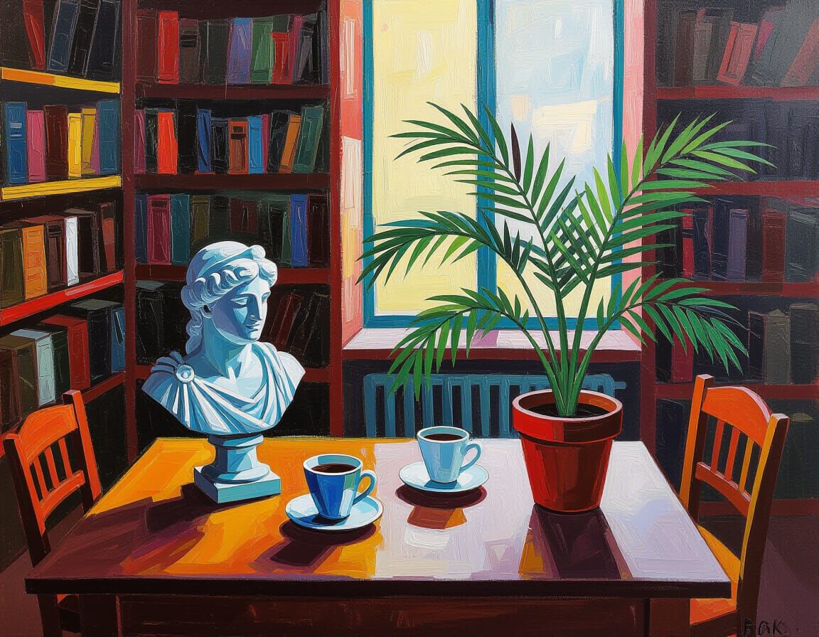 Abstract Expressionist Room with Apollo Bust and Coffee