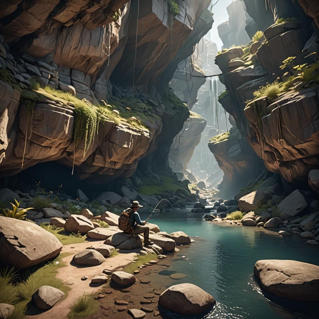 Underground Cavern Paradise: Fisherman in 3D Rendered Scene