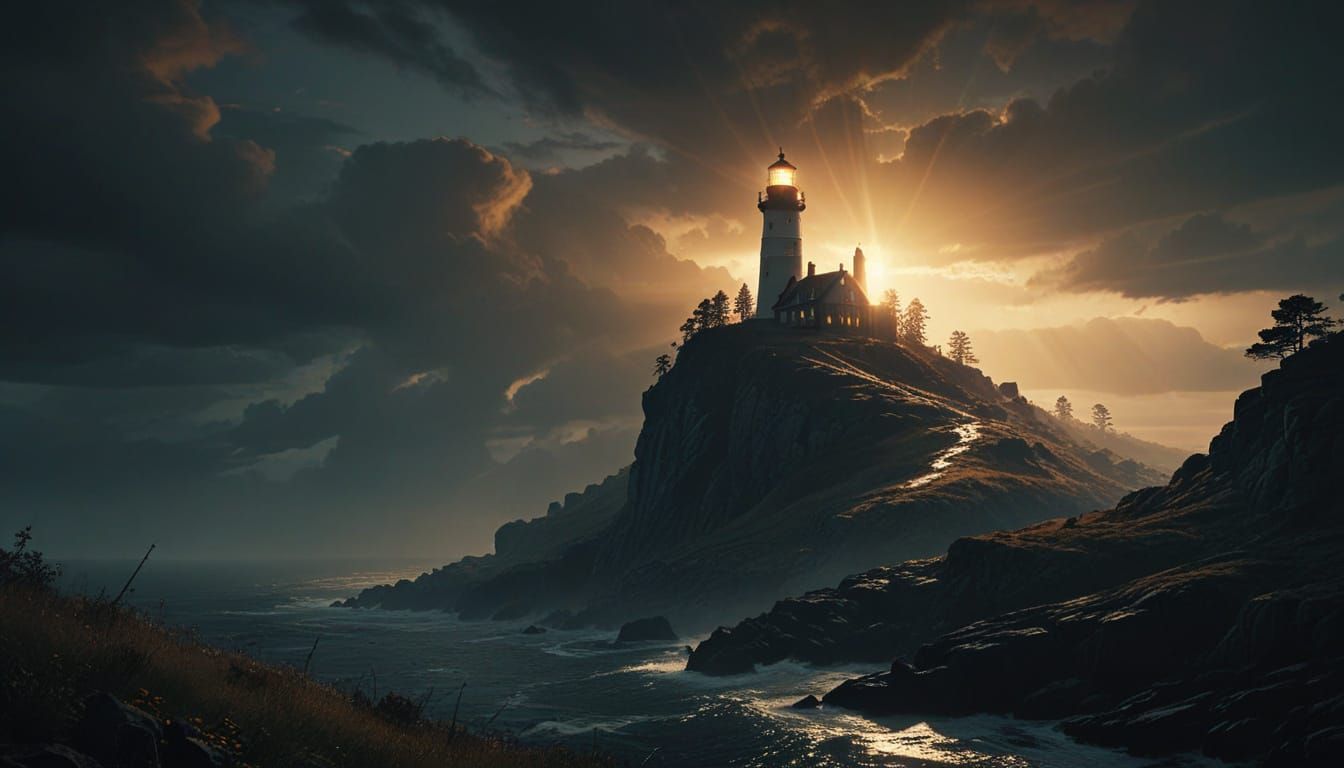 Dark Fantasy Lighthouse Over Gloomy Valley, Greg Rutkowski S...