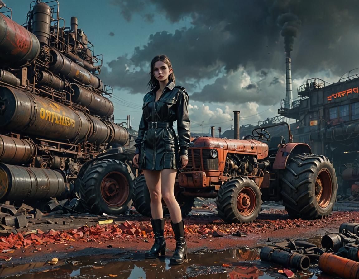 Dieselpunk Girl in Industrial Factory with Stormy Sky