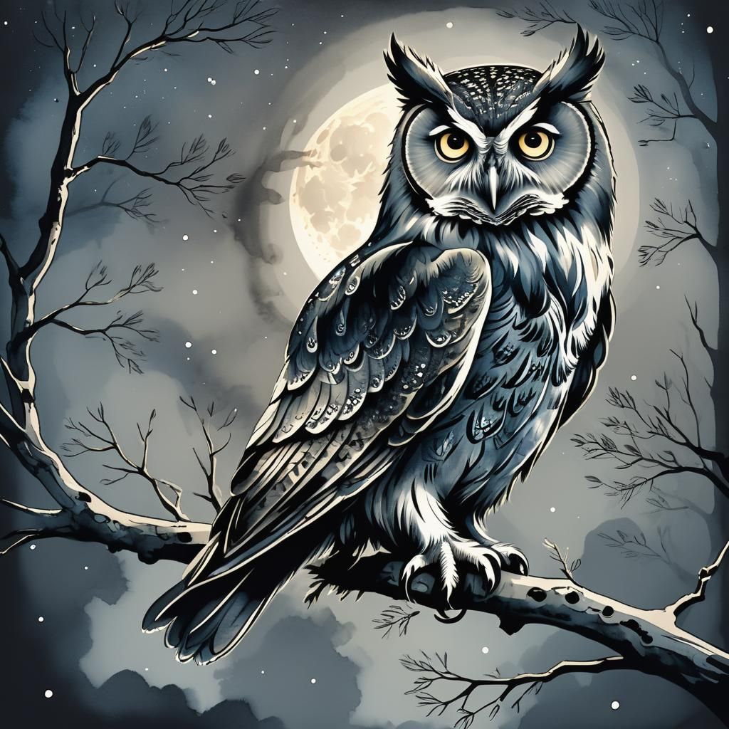Majestic Owl Emerging from Ink Drawing