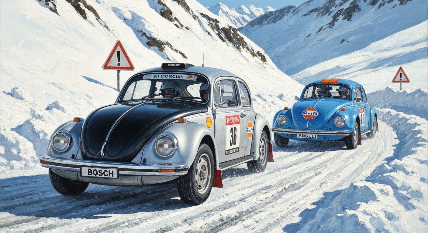 Textured Painting of VW Beetle Rally Cars in Snowy Alps