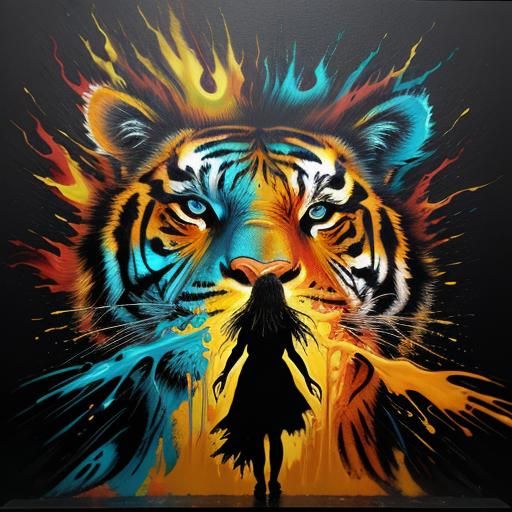 Flaming Woman and Tiger in Graffiti Art Style
