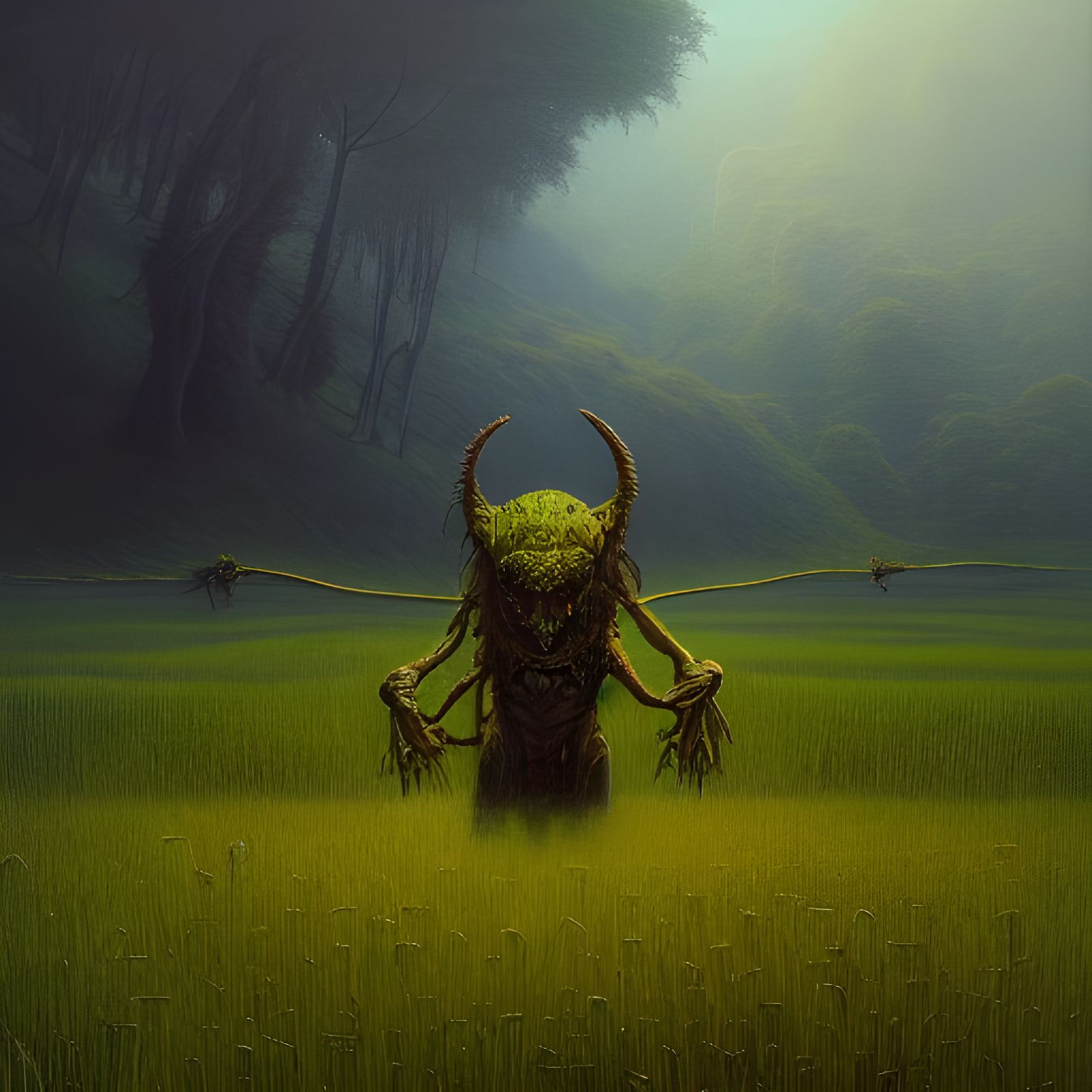 Demonic Figure in Lush Field: Hyperdetailed Matte Painting