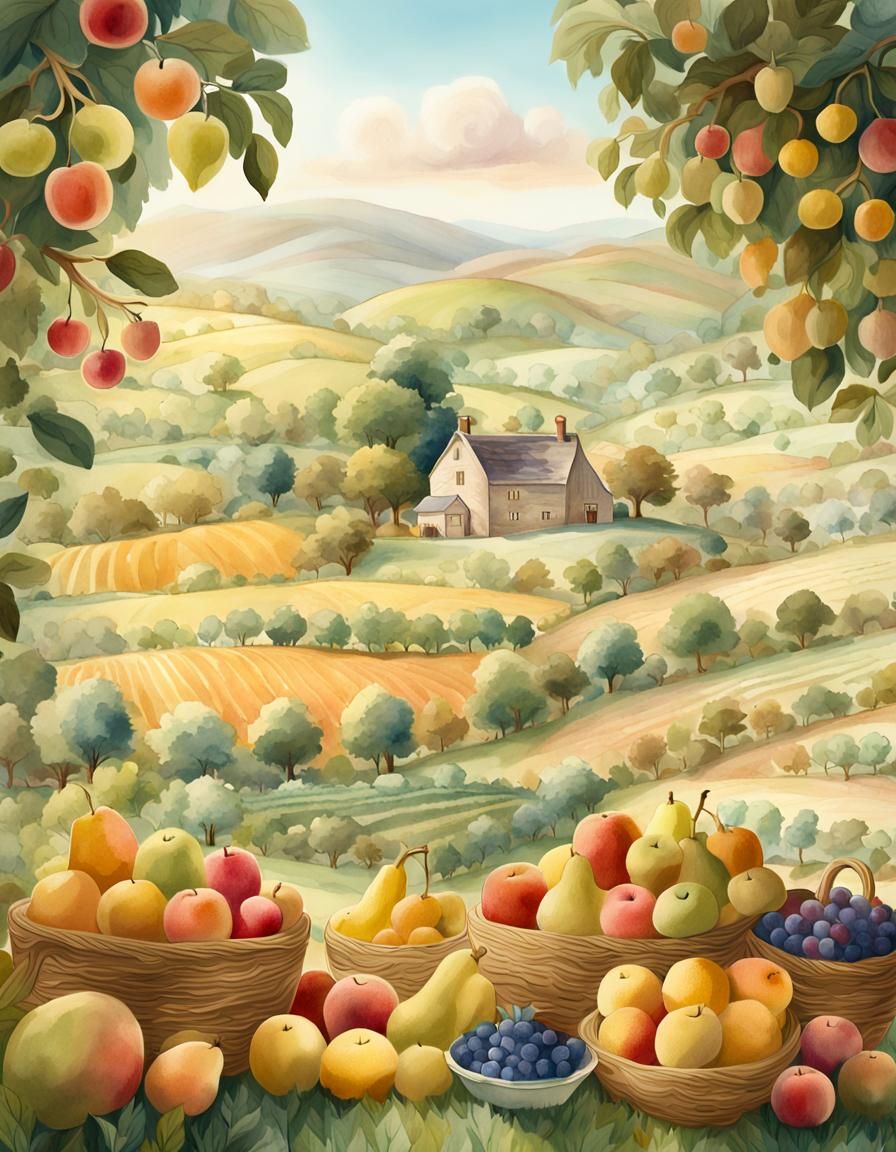 Idyllic Orchard Scene in Magical Realism Style
