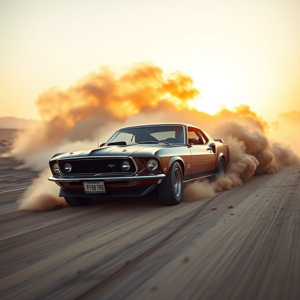 Vintage Ford Mustang Speeds Down Desert Highway in Golden Li...