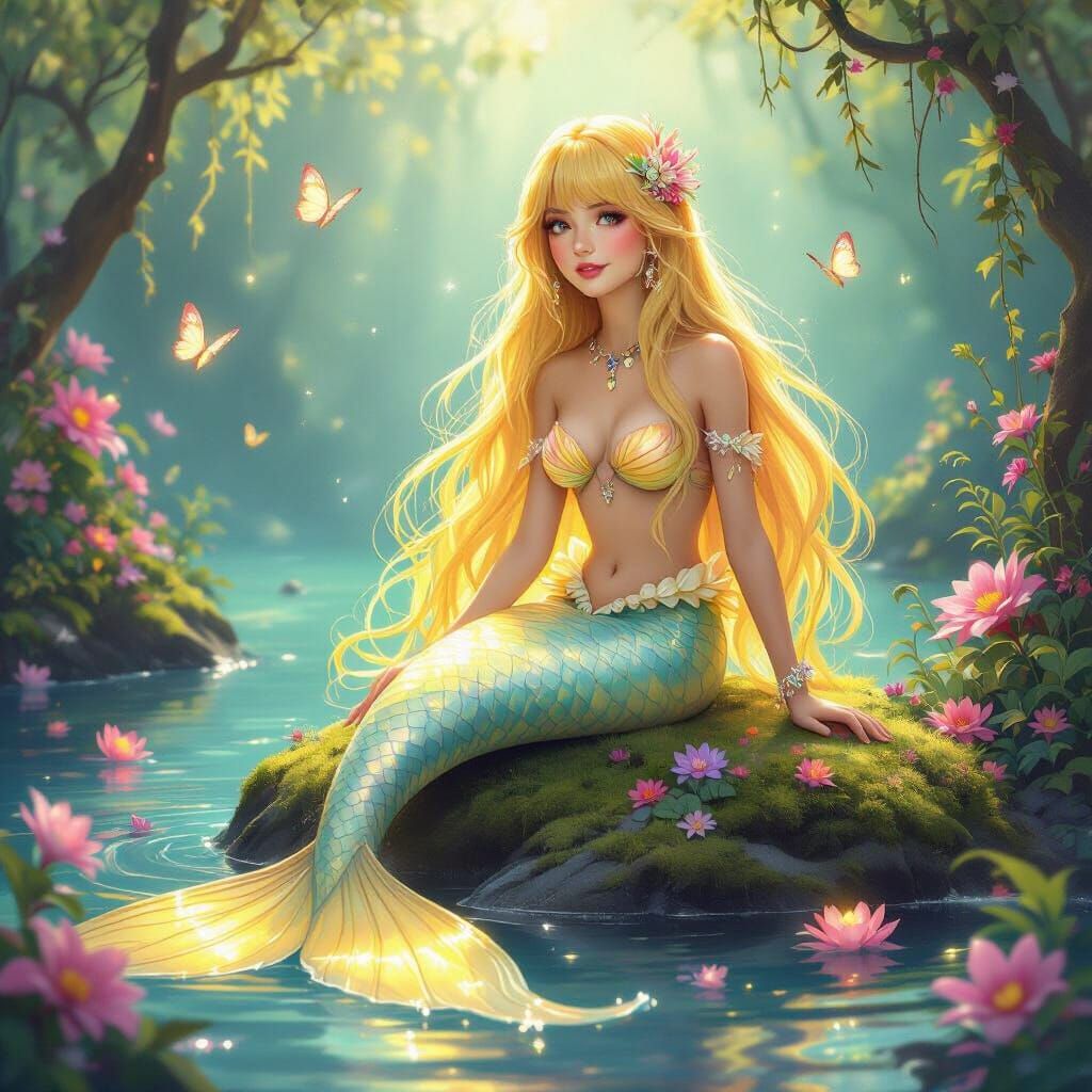 Mermaid Princess with Glowing Tail in Lush Lagoon