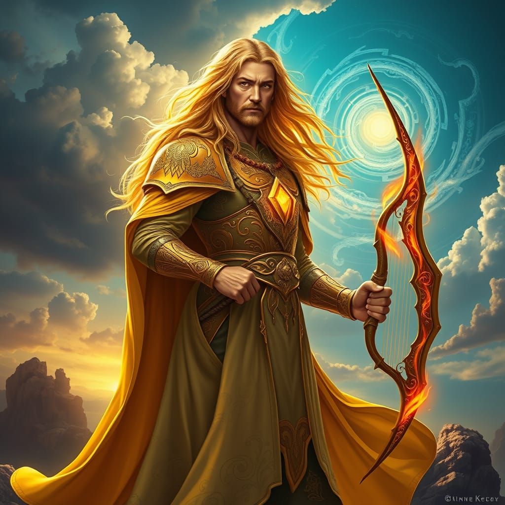 Radiant Man with Lyre and Bow in Dark Fantasy Style