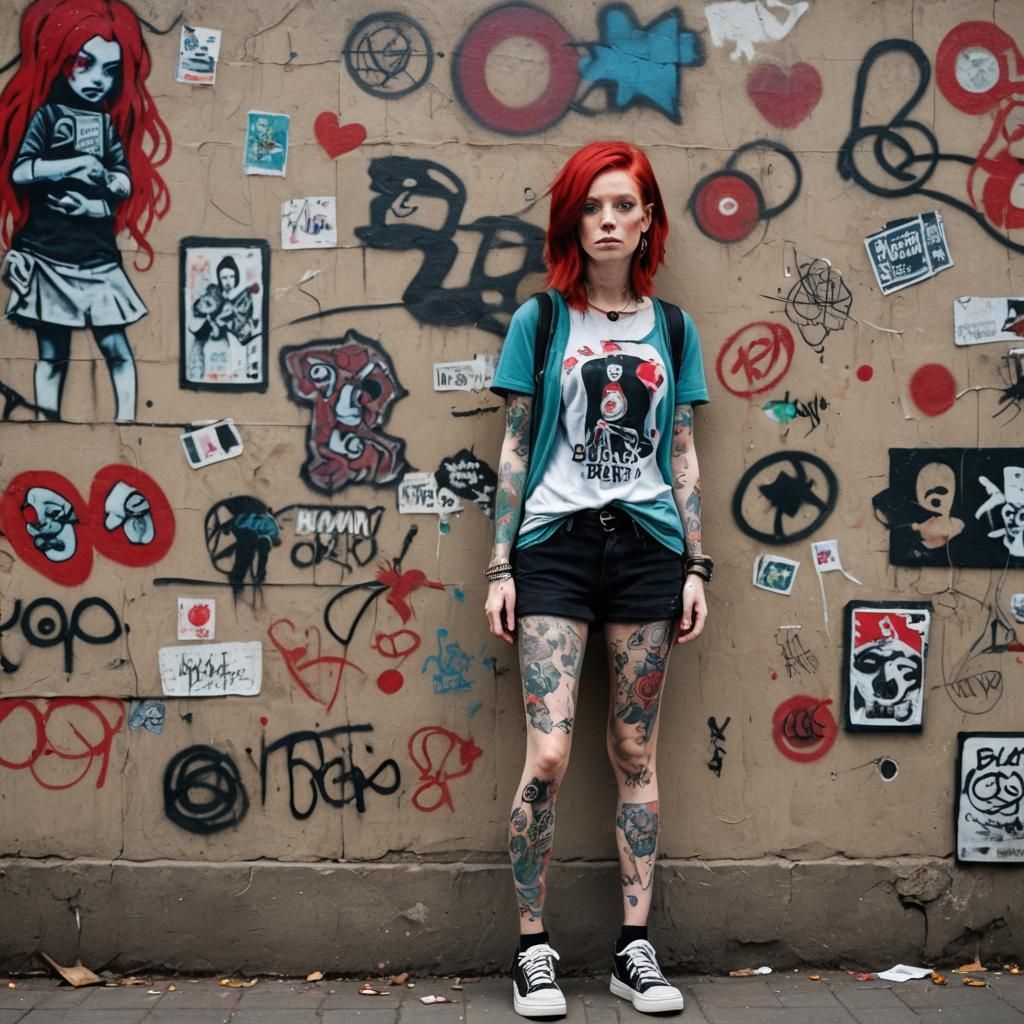Tattooed Redhead in Banksy-Style Street Art