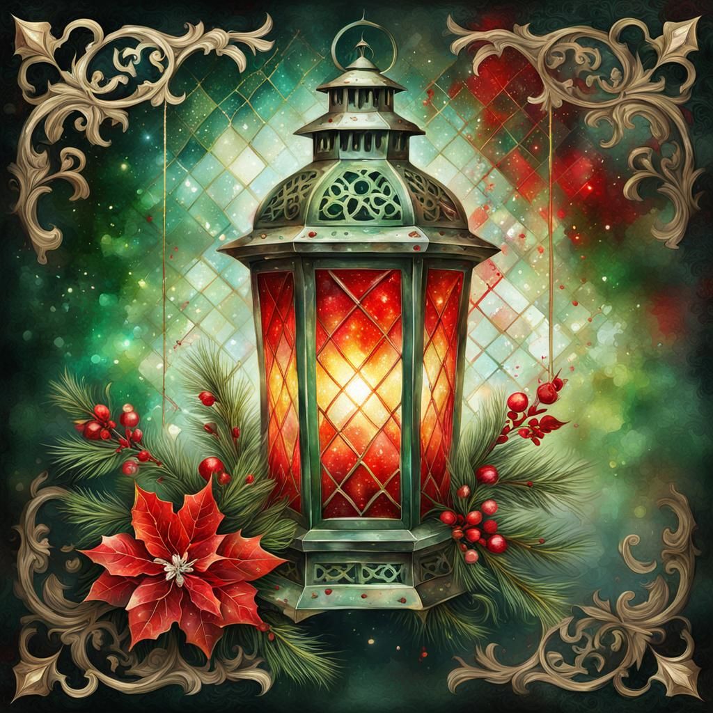 Ornate Christmas Lantern with Floral Frame