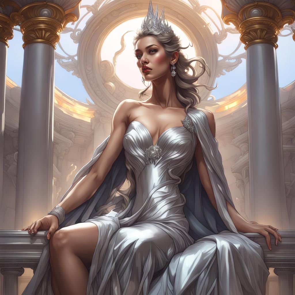 Goddess in Silver Gown on Bird, Hyperdetailed Portrait
