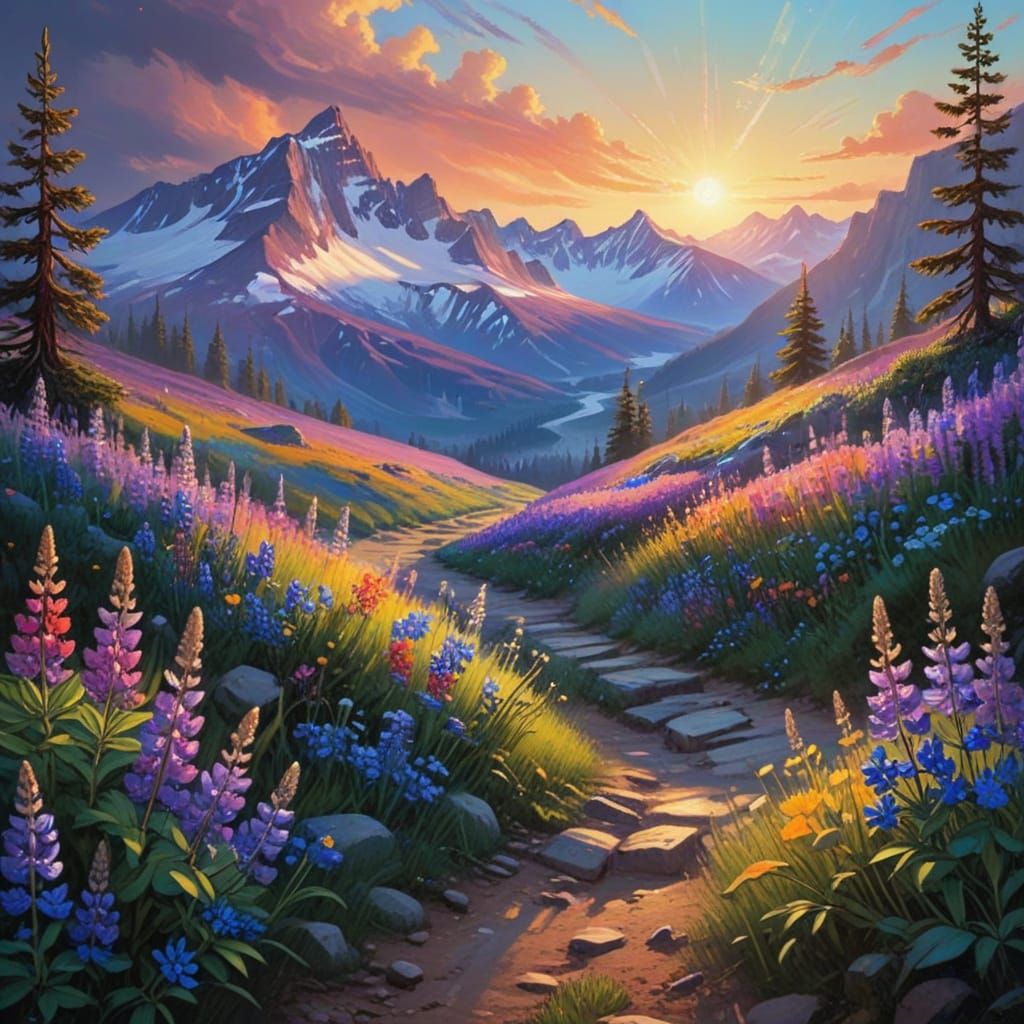 Rainbow Lupines in Vibrant Landscape Painting