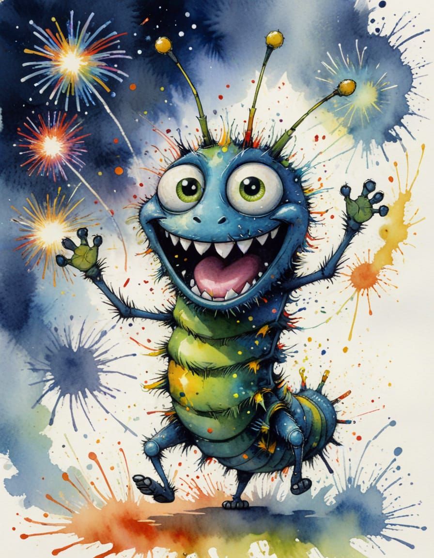 Excited Caterpillar in Ink Splatter Style