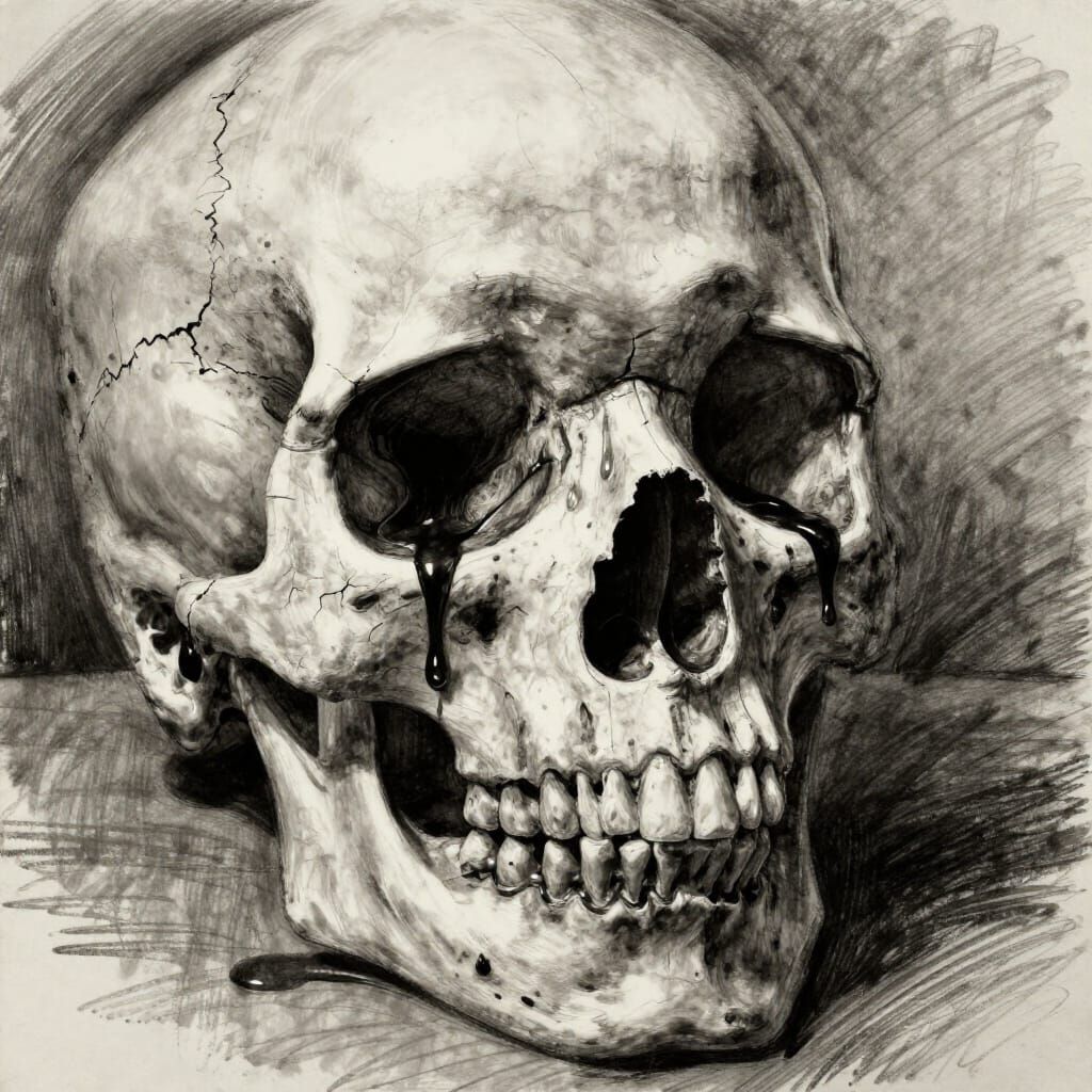 Skull Weeping Black Tears Charcoal Drawing