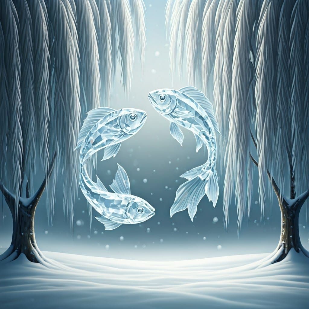 Glowing Crystal Fish Form Pisces Zodiac in Snowy Winter Wond...