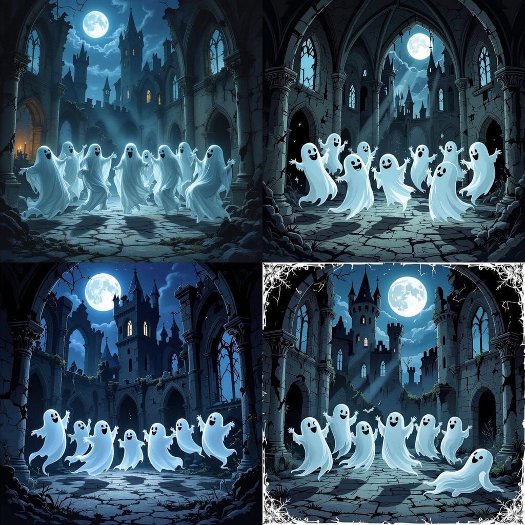 Nine Ghosts Reveling in a Moonlit Ruined Castle
